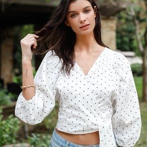 Polka Dot Balloon Sleeve Wrap Crop Top